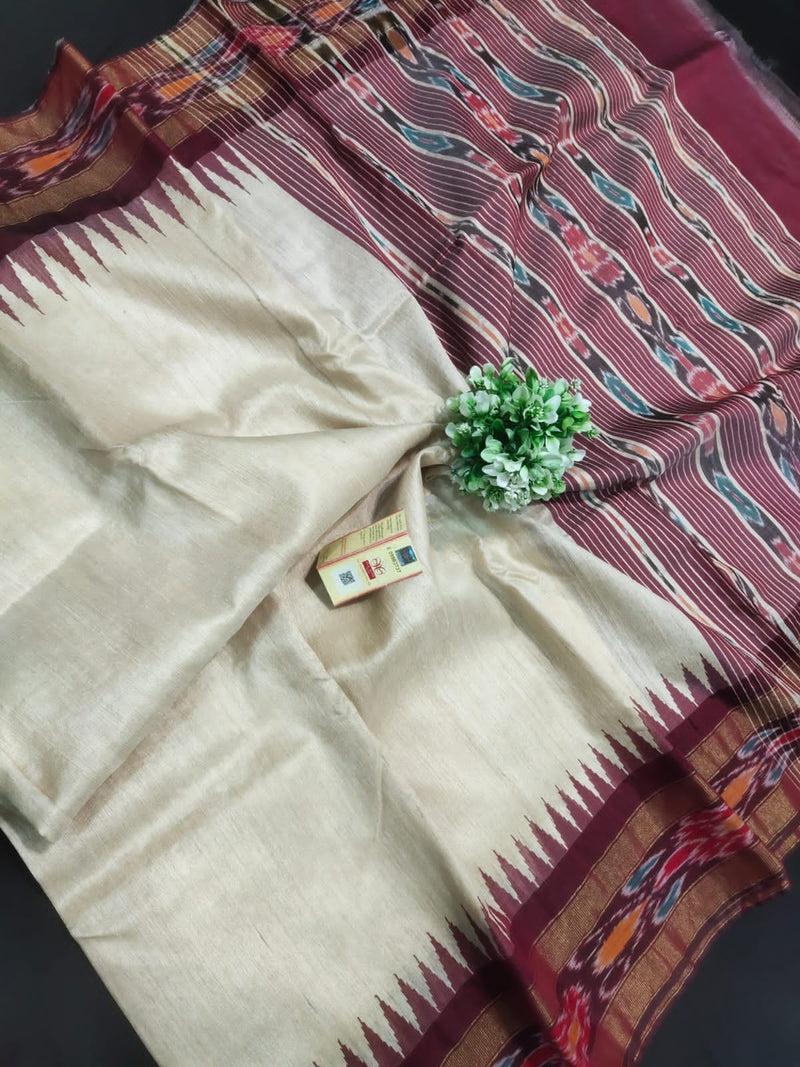 Pure Tussar Silk Saree with Contrast Ikkat Style Temple Border