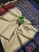 Pure Tussar Silk Saree with Contrast Ikkat Style Temple Border