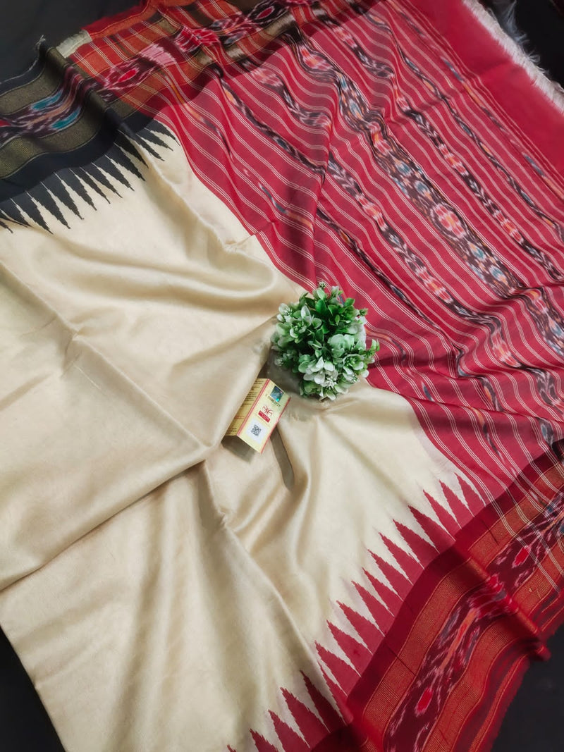 Pure Tussar Silk Saree with Contrast Ikkat Style Temple Border