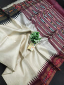 Pure Tussar Silk Saree with Contrast Ikkat Style Temple Border