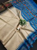 Pure Tussar Silk Saree with Contrast Ikkat Style Temple Border