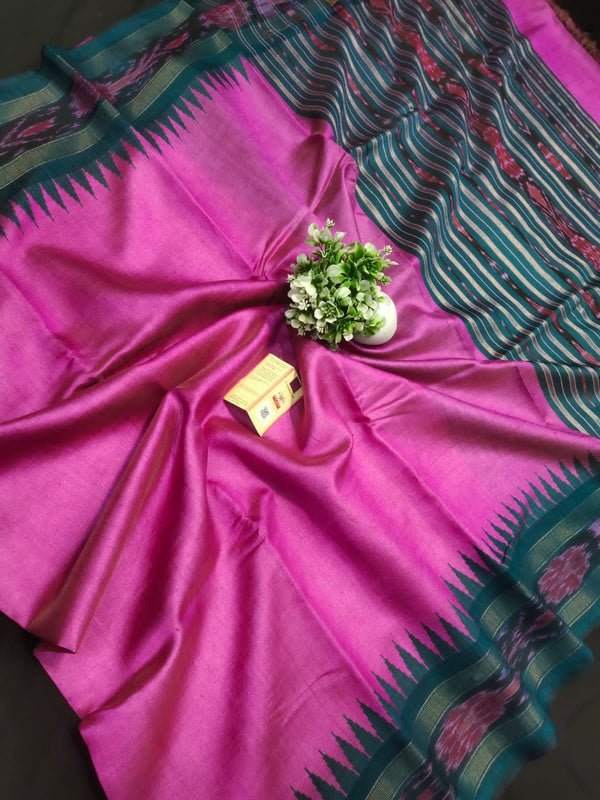 Pure Tussar Silk Saree with Contrast Ikkat Style Temple Border