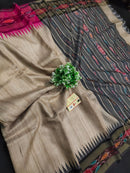 Pure Tussar Silk Saree with Contrast Ikkat Style Temple Border