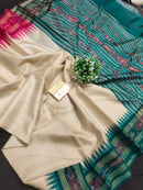 Pure Tussar Silk Saree with Contrast Ikkat Style Temple Border