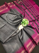 Pure Tussar Silk Saree with Contrast Ikkat Style Temple Border
