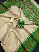 Pure Tussar Silk Saree with Contrast Ikkat Style Temple Border