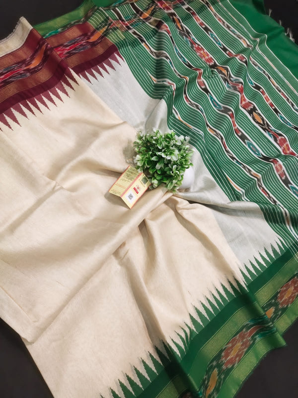Pure Tussar Silk Saree with Contrast Ikkat Style Temple Border