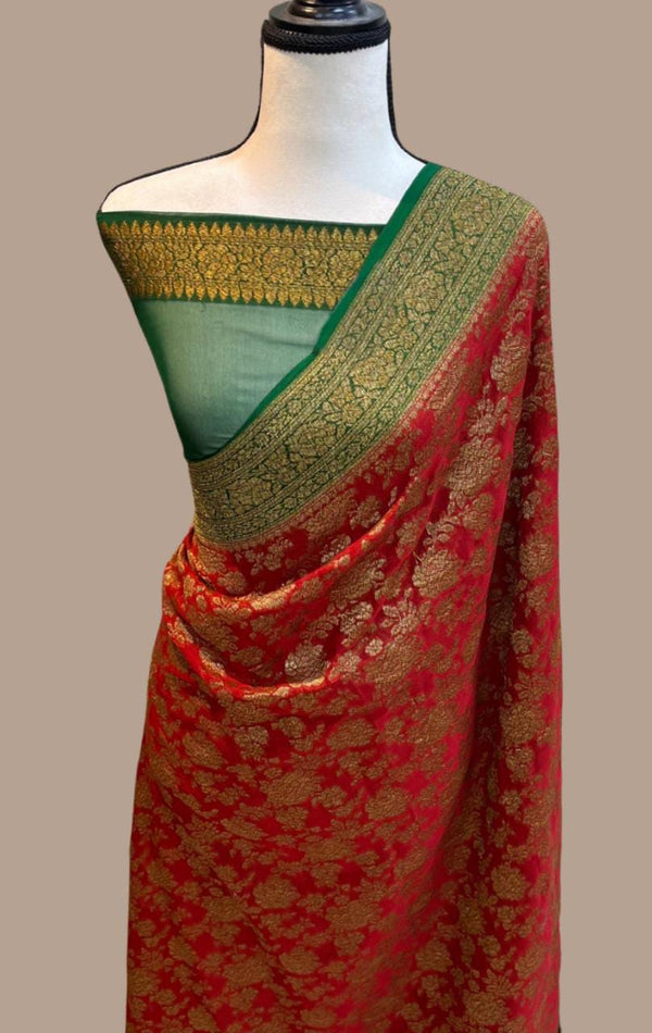 Red Banarasi Khaddi Georgette Antique Zari Jangala Designer Saree