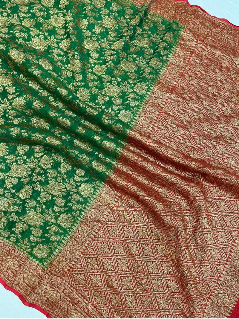 Green Banarasi Khaddi Georgette Antique Zari Jangala Designer Saree