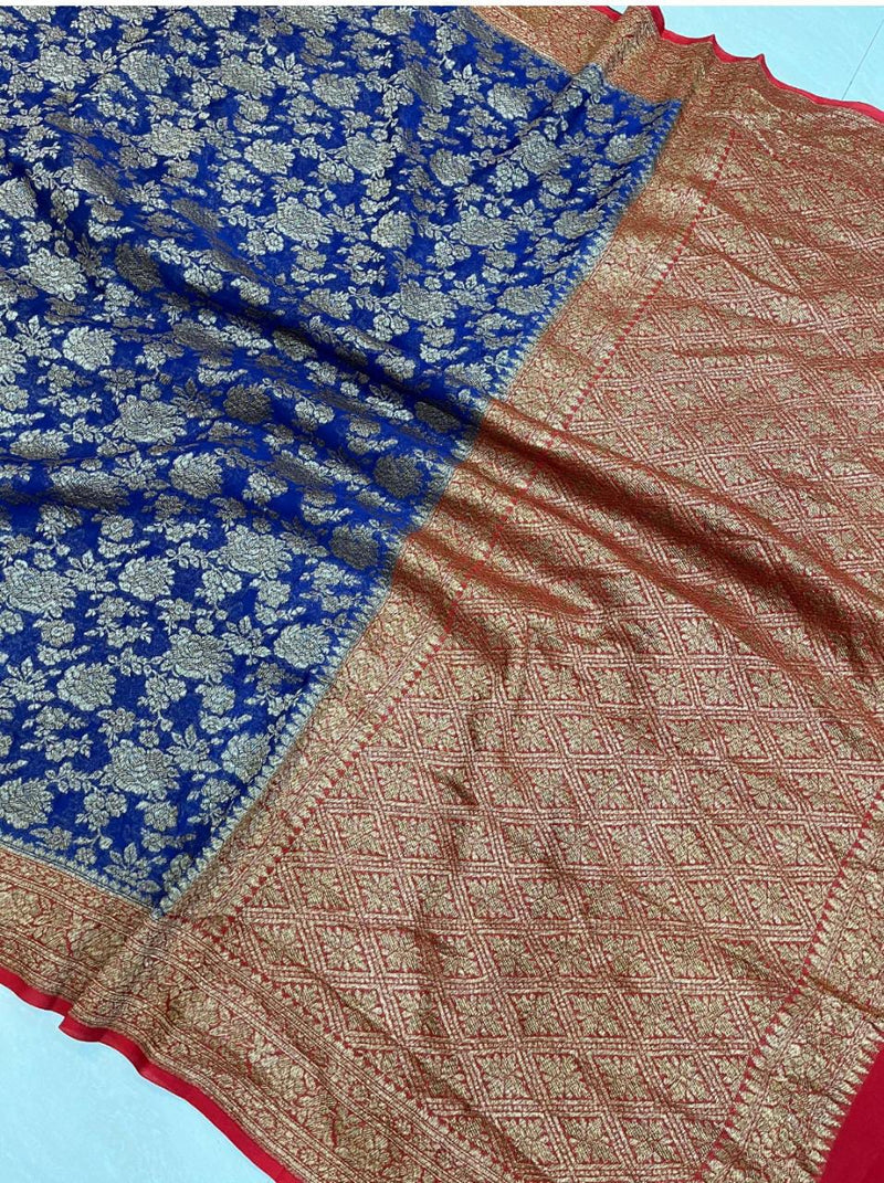 Blue Banarasi Khaddi Georgette Antique Zari Jangala Designer Saree