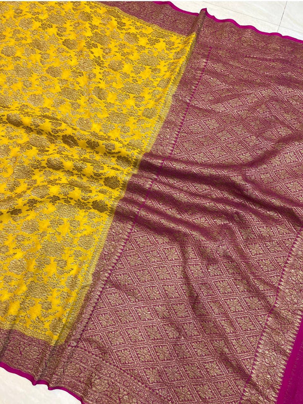 Yellow Banarasi Khaddi Georgette Antique Zari Jangala Designer Saree