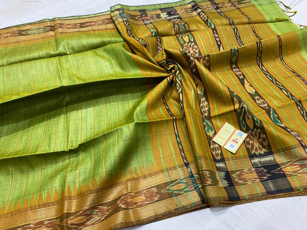 Pure Tussar Silk Saree with Contrast Ikkat Style Temple Border