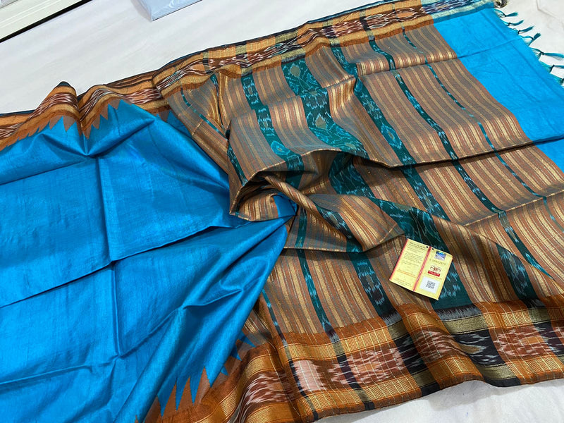 Pure Tussar Silk Saree with Contrast Ikkat Style Temple Border