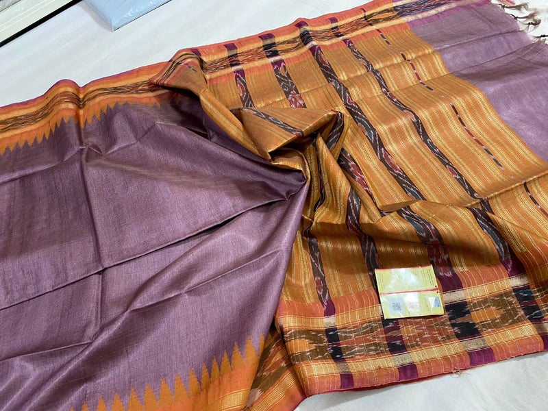 Pure Tussar Silk Saree with Contrast Ikkat Style Temple Border