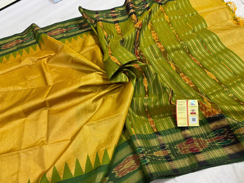 Pure Tussar Silk Saree with Contrast Ikkat Style Temple Border