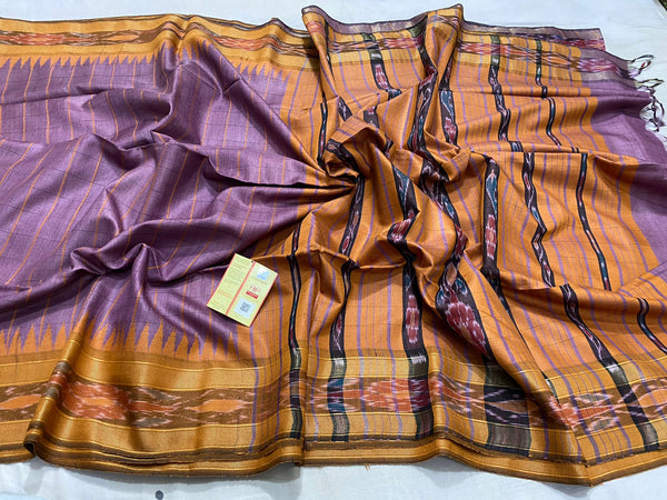 Pure Tussar Silk Saree with Contrast Ikkat Style Temple Border