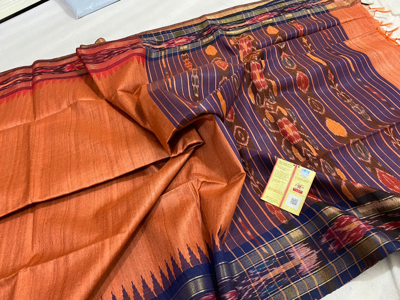 Pure Tussar Silk Saree with Contrast Ikkat Style Temple Border