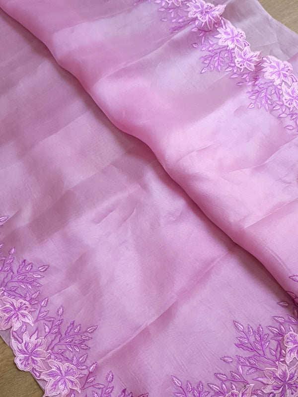 Pink Organza Saree Embroidery Alfi Cutwork Scallop Border Saree