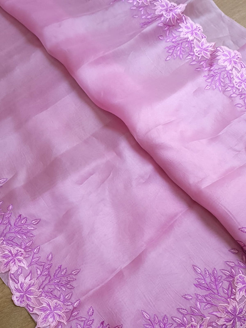 Pink Organza Saree Embroidery Alfi Cutwork Scallop Border Saree