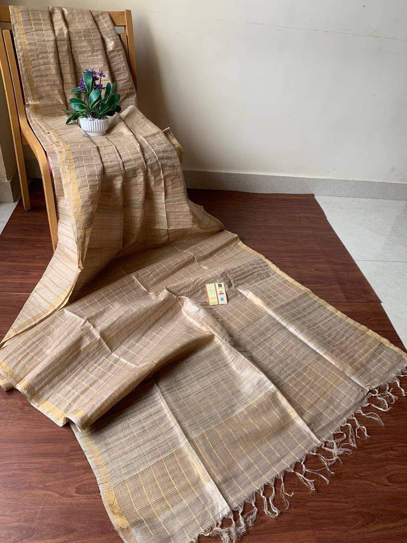 Half White Tussar Silk Saree with Zari Checks