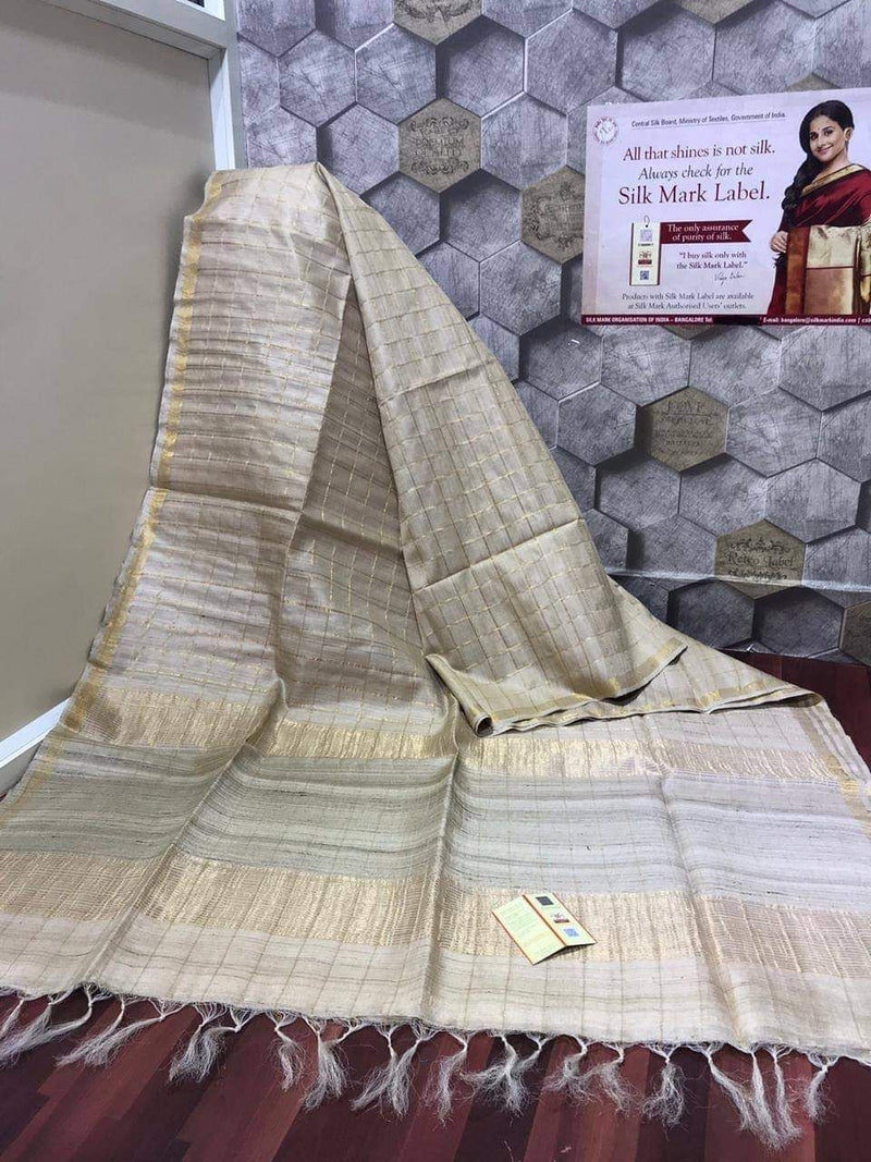 Cream Tussar Silk Saree with Zari Checks