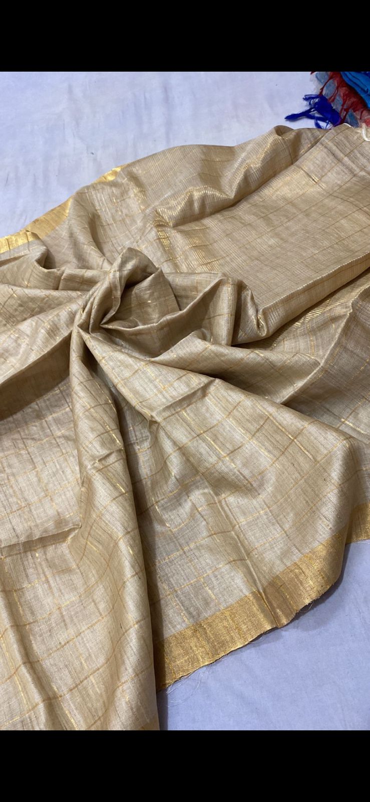 Cream Tussar Silk Saree with Zari Checks