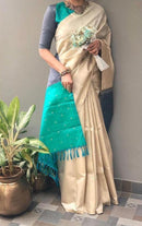 Half White Plain Handloom Kanchipuram Silk Saree with Dual Colour Pallu