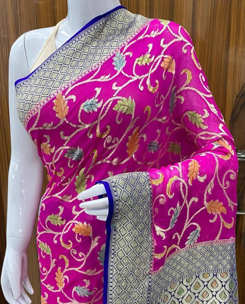 Pink Banarasi Khaddi Georgette Brush Painted Silk Saree