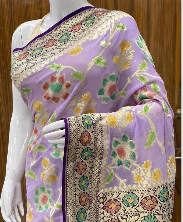 Lavender Banarasi Khaddi Georgette Brush Painted Silk Saree