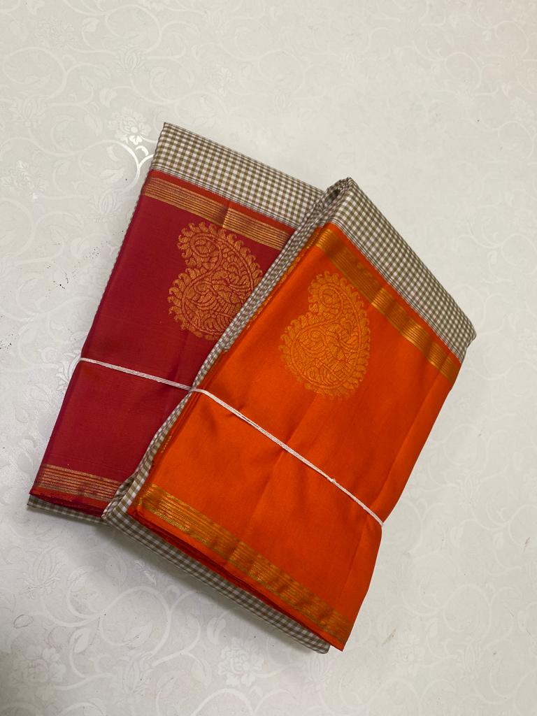 Handloom Korvai Kanchipuram Silk Sareew with Small Checks