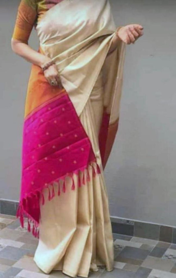 Half White Plain Handloom Kanchipuram Silk Saree with Dual Colour Pallu