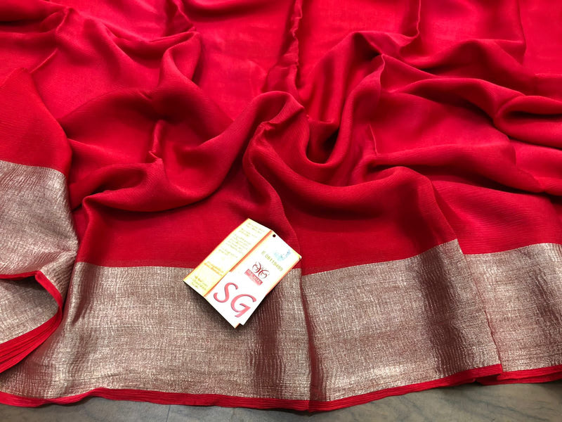 Red Wrinkle Mysore Crepe Silk Saree with Silver Zari Border