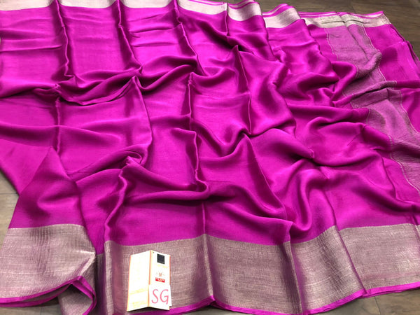 Pink Wrinkle Mysore Crepe Silk Saree with Silver Zari Border