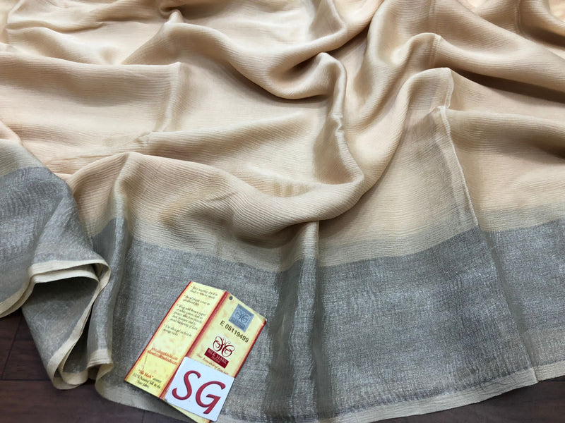 Cream Wrinkle Mysore Crepe Silk Saree with Silver Zari Border