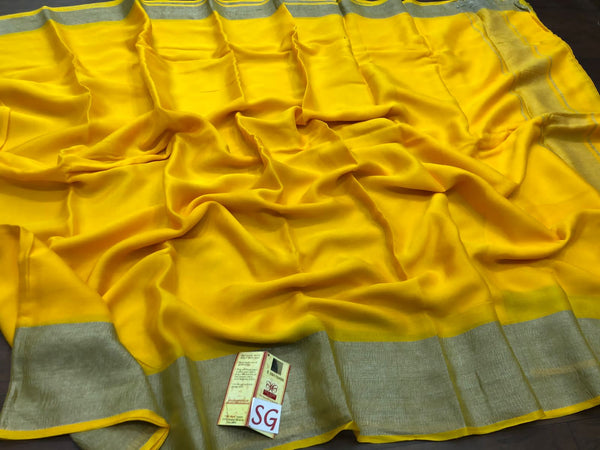 Yellow Wrinkle Mysore Crepe Silk Saree with Silver Zari Border