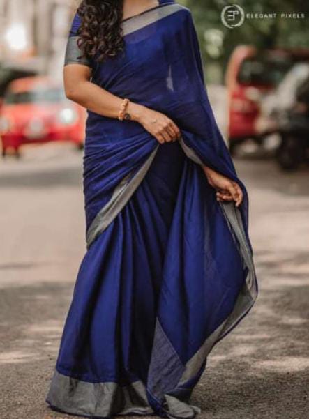 Navy Blue Wrinkle Mysore Crepe Silk Saree with Silver Zari Border