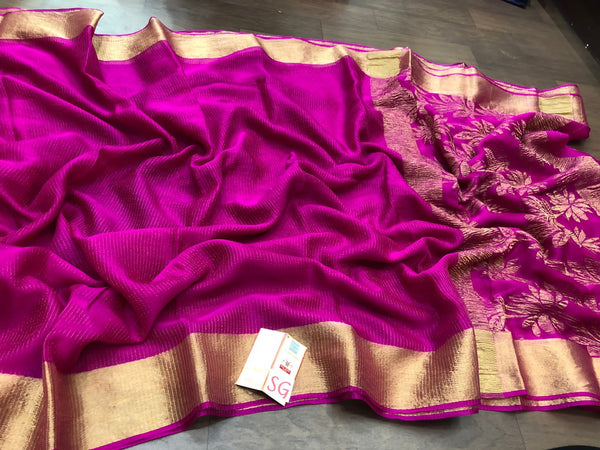 Pink Wrinkle Mysore Crepe Silk Saree with Zari Lines