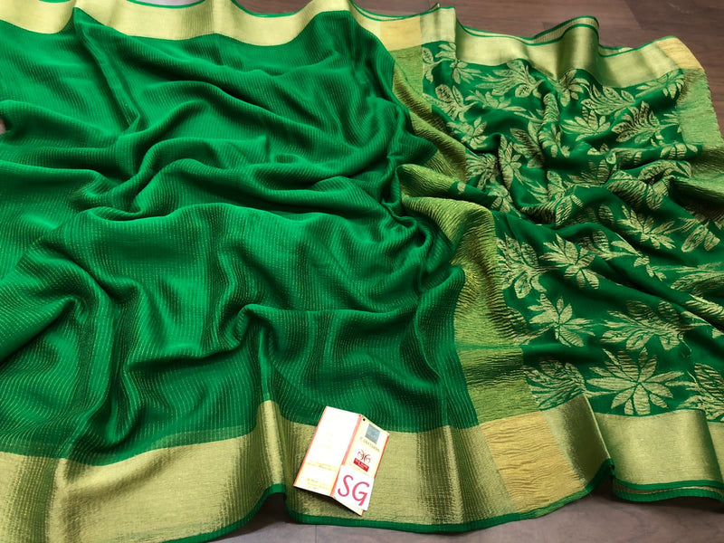 Green Wrinkle Mysore Crepe Silk Saree with Zari Lines