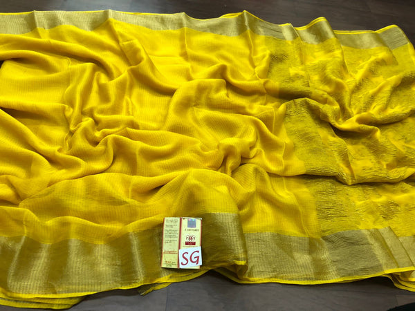 Yellow Wrinkle Mysore Crepe Silk Saree with Zari Lines