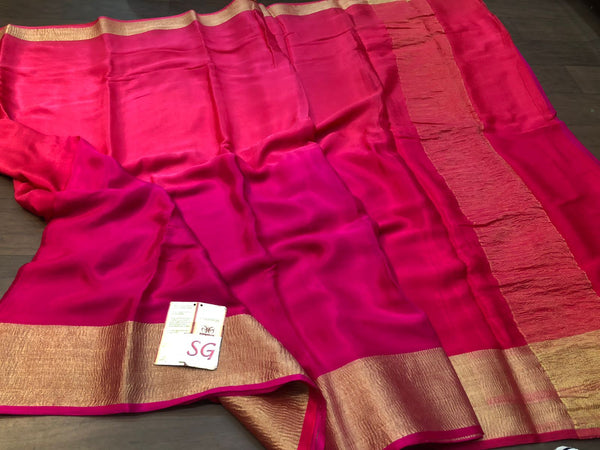 Pink Double Shade Wrinkle Mysore Crepe Silk Saree