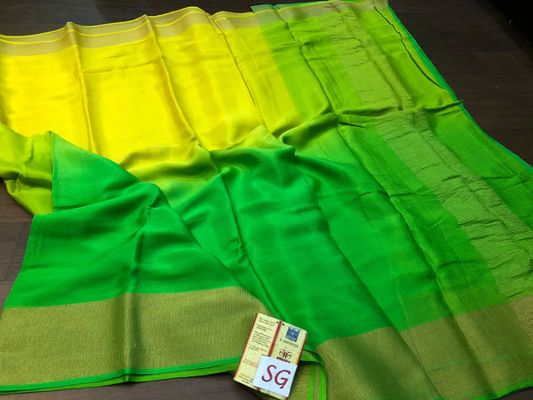 Yellow Green Double Shade Wrinkle Mysore Crepe Silk Saree