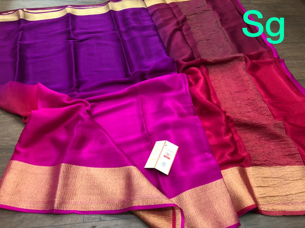 Purple Pink Double Shade Wrinkle Mysore Crepe Silk Saree