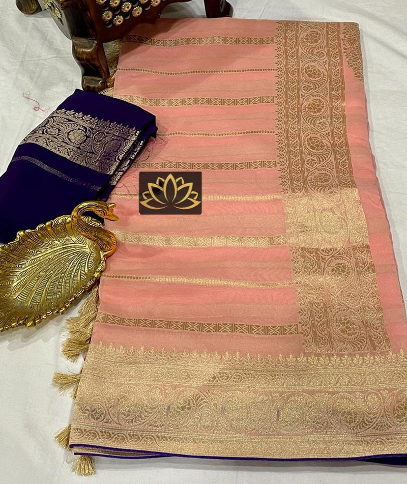 Designer Peach Khaddi Georgette Saree With Pichwai & Kalpavriksha Pallu