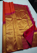 Orange Pink Korvai Raising Temple Border Kanchipuram Silk Saree