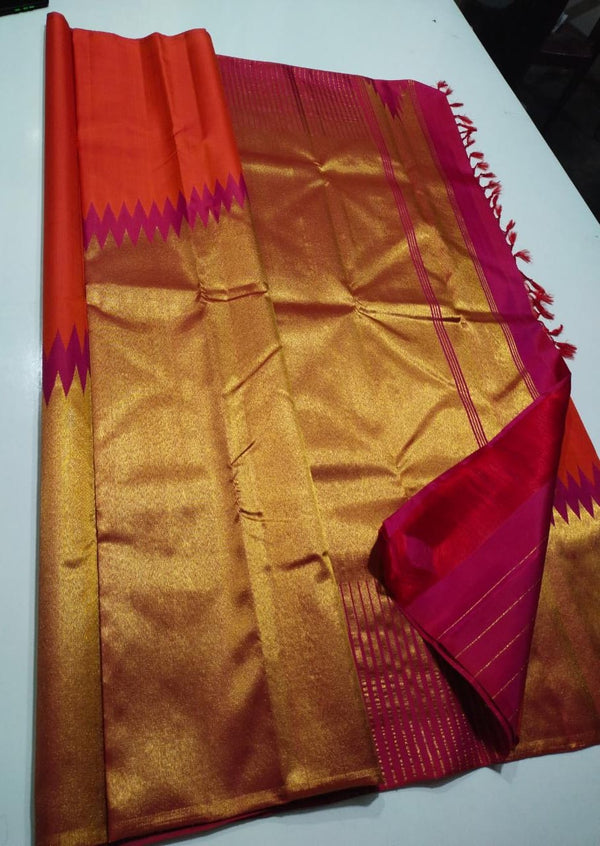 Orange Pink Korvai Raising Temple Border Kanchipuram Silk Saree