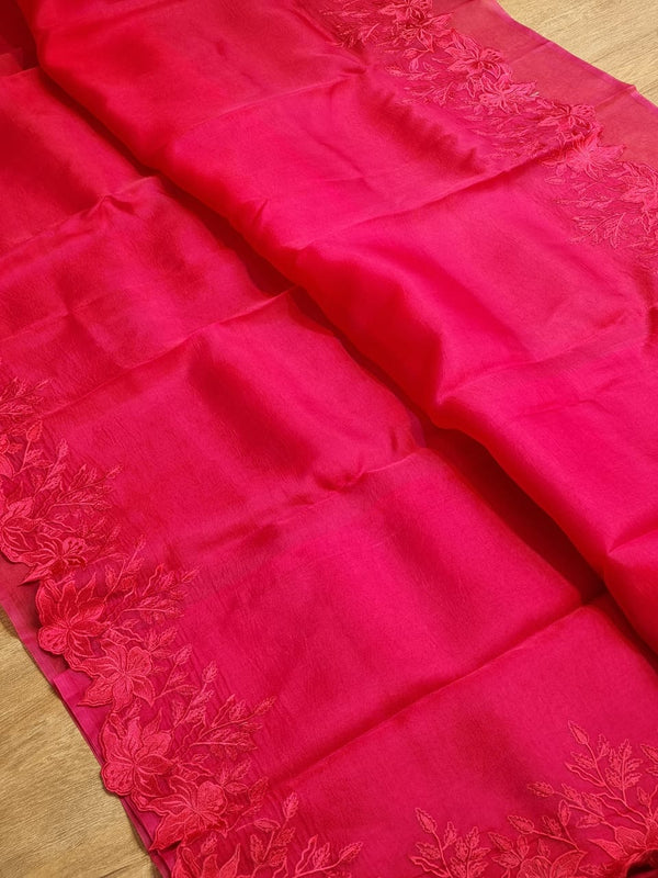 Pink Organza Saree Embroidery Alfi Cutwork Scallop Border Saree