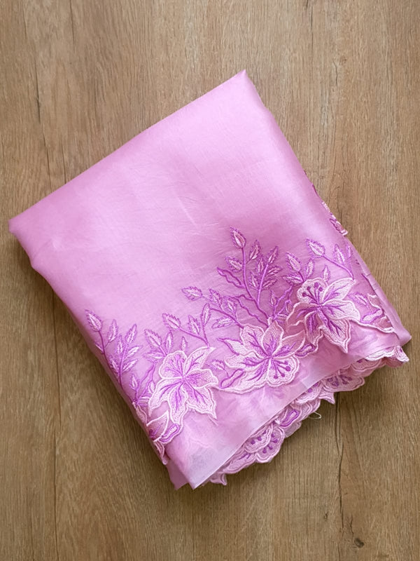 Baby Pink Organza Saree Embroidery Alfi Cutwork Scallop Border Saree