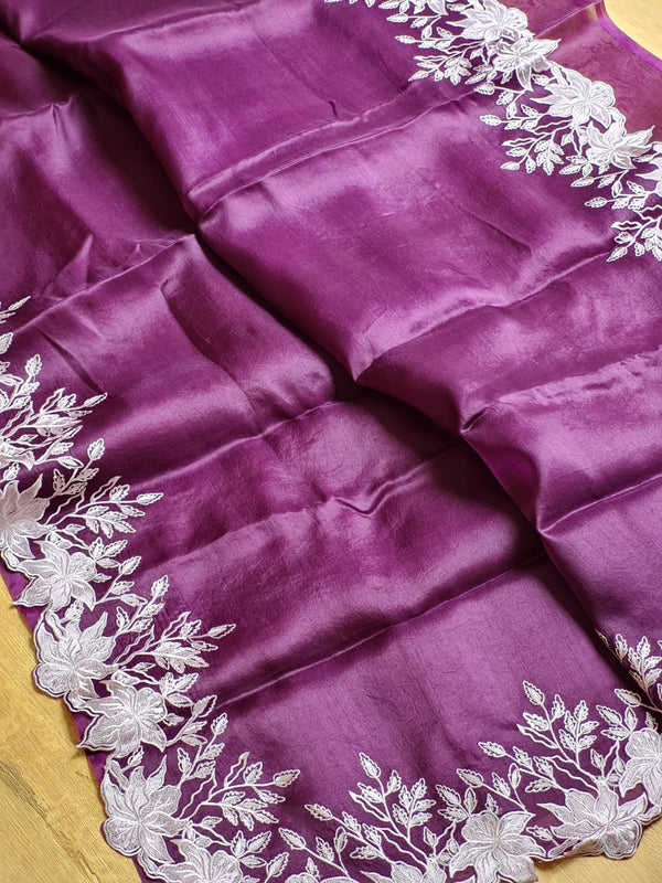 Purple Organza Saree Embroidery Alfi Cutwork Scallop Border Saree