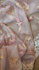 Pastel Pink Organza Saree Embroidery Parsi Border  & Flamingo Bird with Crochet Lace