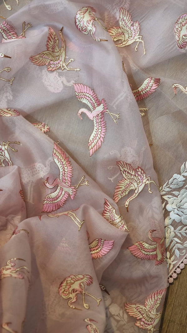 Pastel Pink Organza Saree Embroidery Parsi Border  & Flamingo Bird with Crochet Lace